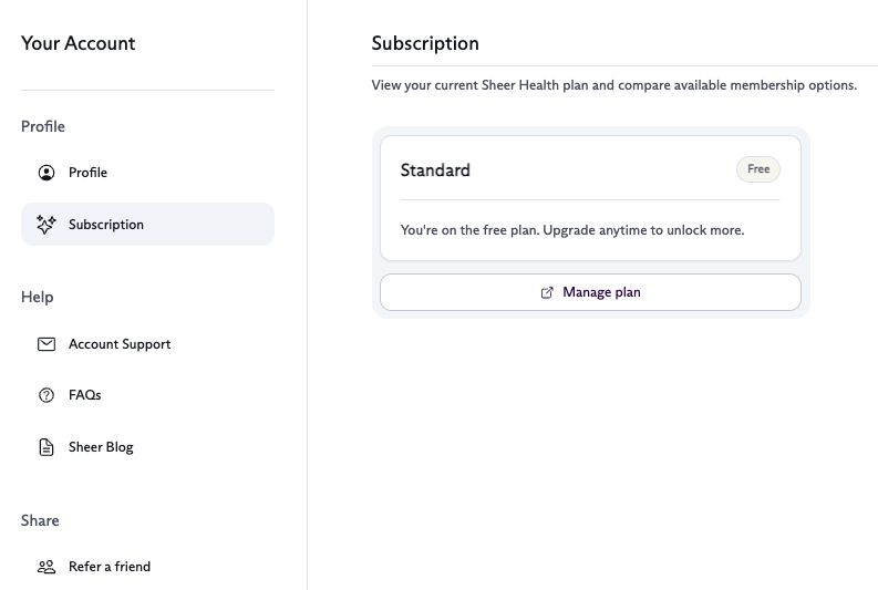 Sheer Health’s account page including which subscription plan a member is on, FAQs and support links.