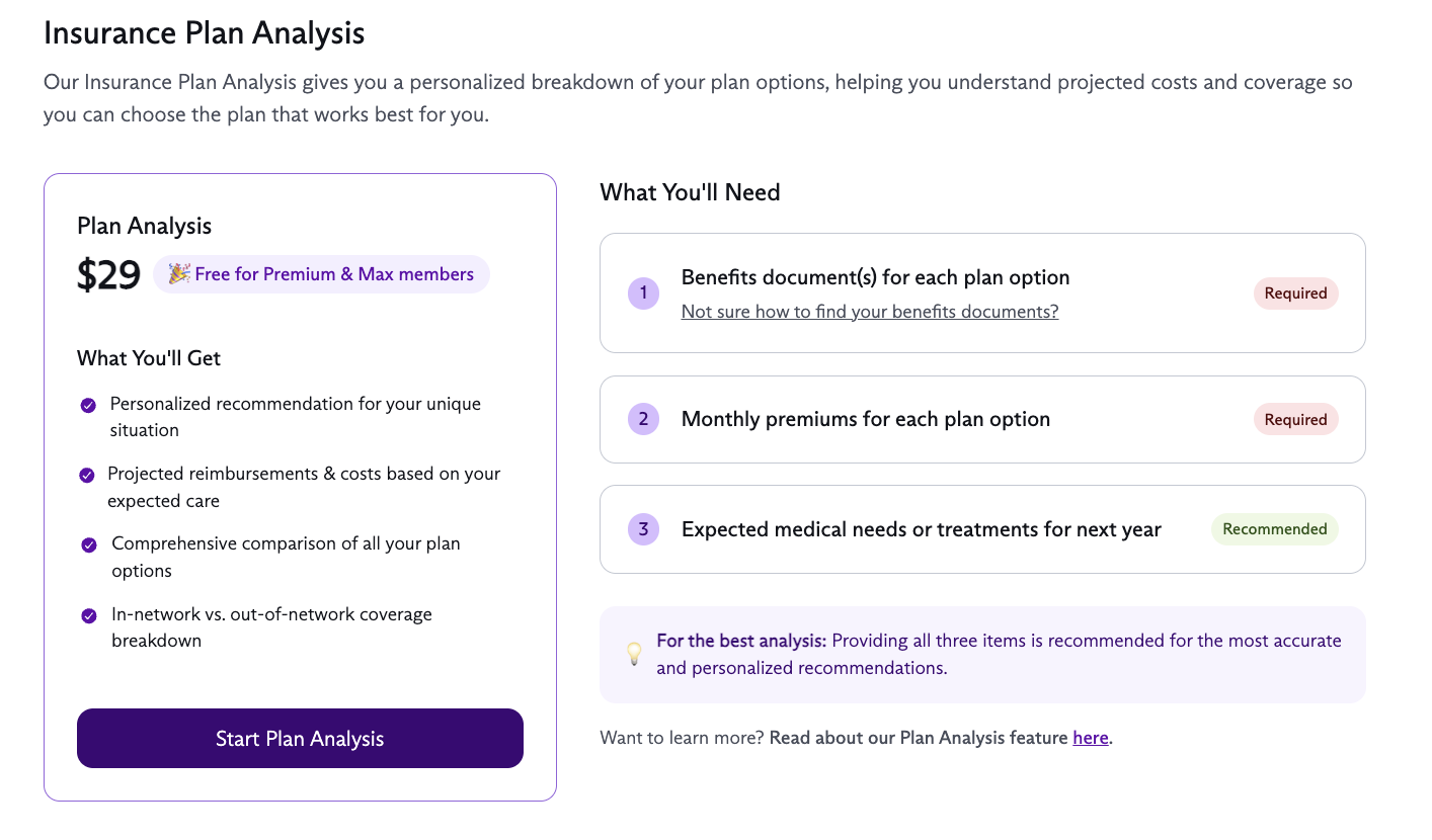 Sheer Health’s plan analysis feature where you get a personalized health insurance plan recommendation for your unique situation.