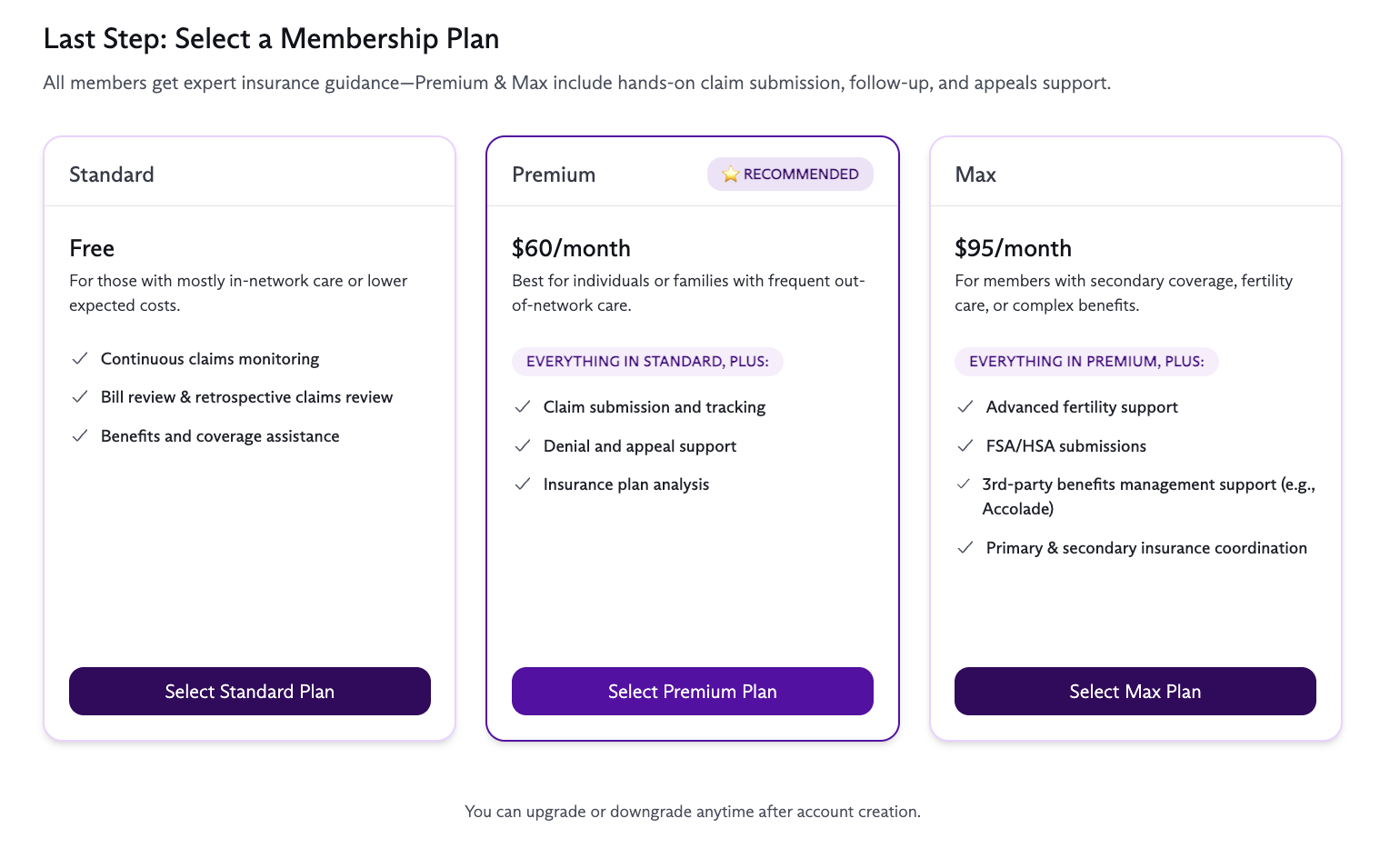 The three different membership options for Sheer Health: standard, premium, and max.